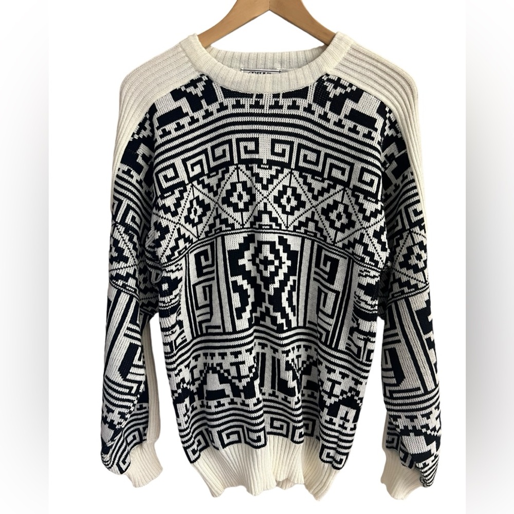 Vintage TJW Mervyn’s Black Geometric Acrylic Sweater Crewneck 80s Mens S Aztec